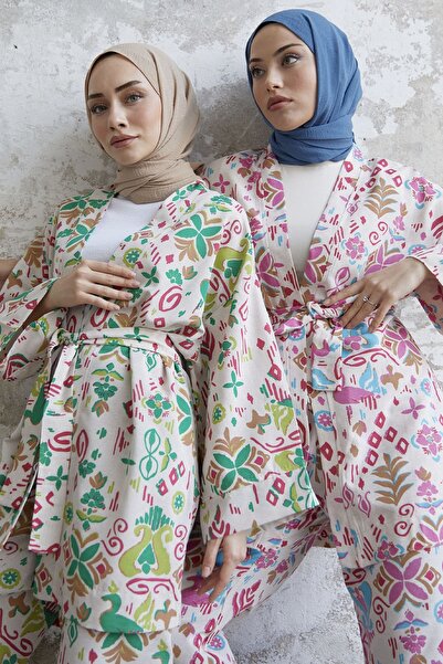 InStyle Shaped Patterned Linen Kimono Set - Green