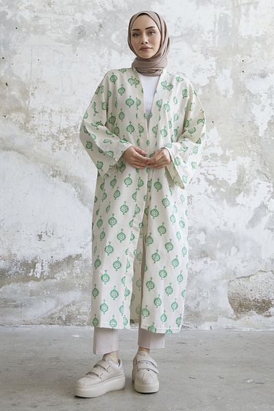 InStyle Ethnic Pattern Long Kimono - Green