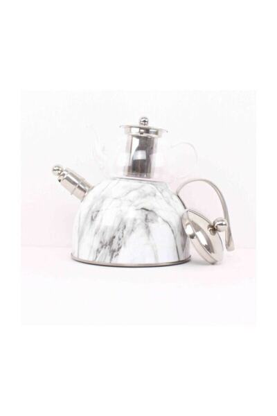 Paçi Beyaz Mermer Desenli Düdüklü Çaydanlık Cam - Paslanmaz Çelik