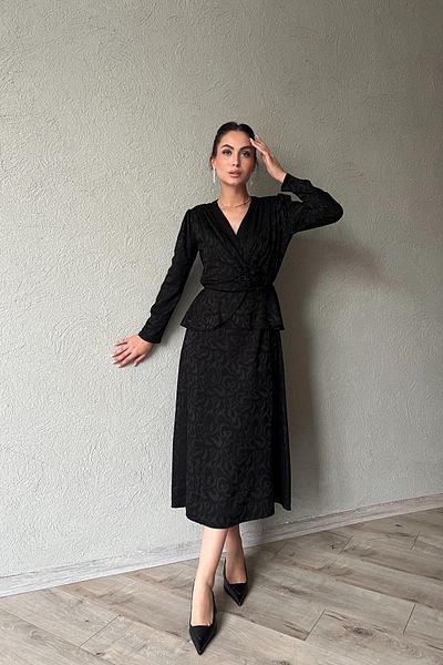 Seda Yalçın Atelier Black Rose Brooch and Pleat Detailed Double Breasted Dress