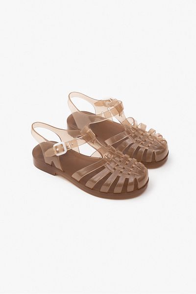 NİŞANTAŞI SHOES Anderline Jr. Erdfarbene, transparente, glitzernde, matte Kindersandalen mit Gürteldetail