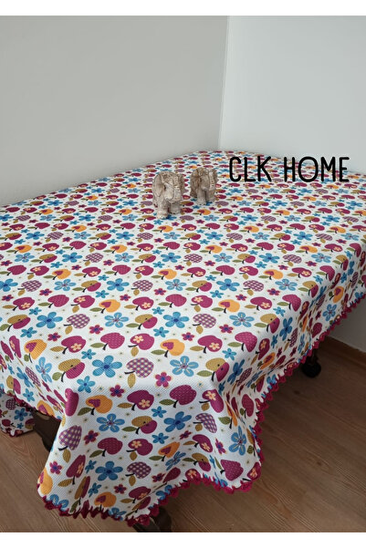 CLK Home 150x150cm El Örgüsü Dantelli Dertsiz Elma Desenli Sofra Bezi / Masa Örtüsü