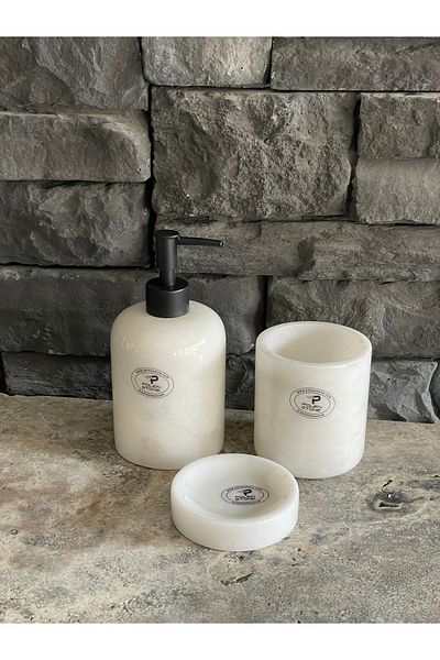 Polen Stone White Marble Liquid Soap Dispenser, Toothbrush HolderSolid Soap Dish Set of 3Black Accessory