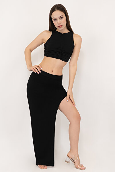 Soyo Γυναικεία Μαύρη Ασύμμετρη Φούστα με βαθύ σκίσιμο