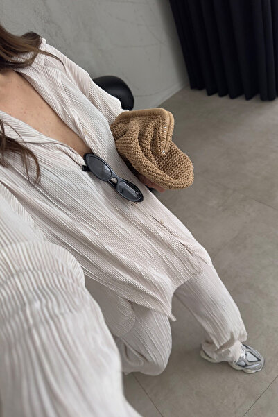 Laluvia Ecru Crinkle Fabric Slit nadrág ing szett