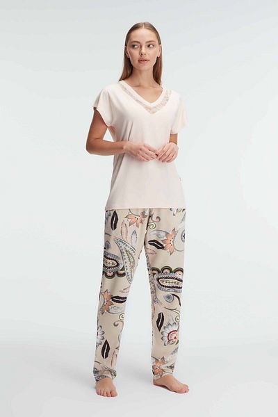 Anıl 9899 Short Sleeve V-Neck Women's Viscose Flower Patterned Summer Knitted Lace Detailed Pajamas Set