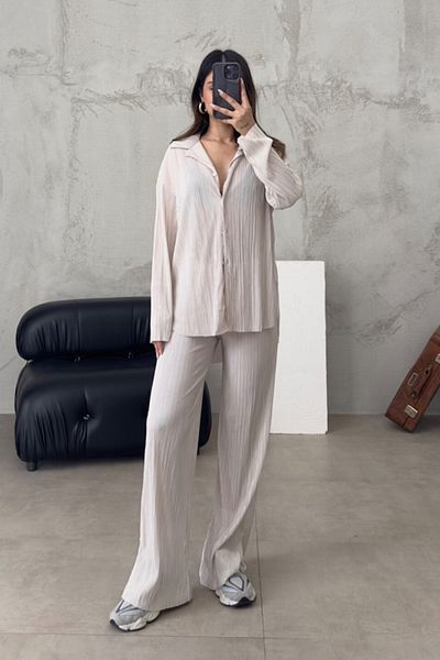Laluvia Ecru Crinkle Fabric Slit Trousers Shirt Set