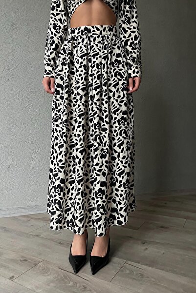 Seda Yalçın Atelier Ecru Black Patterned Shirt Skirt Set