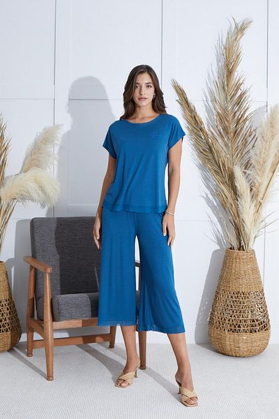 Sevim Set pijamale Capri Petrol cu ​​maneci scurte pentru damă C7T0N851