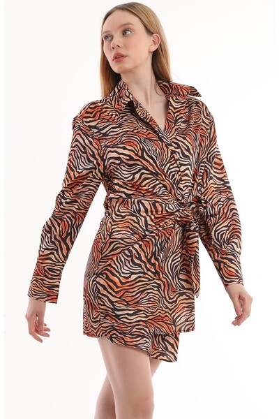 Miss Allos Women's Zebra Patterned Stylish Mini Shirt Dress