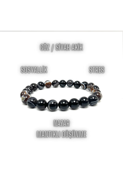 YILDIZ DOĞAL TAŞ Sertifikalı Siyah Göz Akik 8mm Elastik Misinalı Doğal Taş Bi...