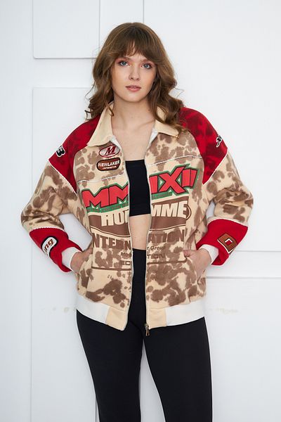NEWLAKER Унисекс извънгабаритно ограничено издание Batik Washed Motosport Bomber яке с цип