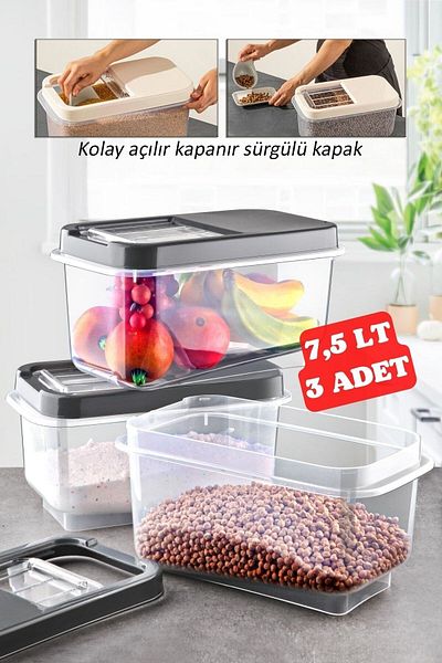 Nandy Home 3 Pieces 7.5 Lt Multibox with Easy Sliding Lid Food Pulses Vs. Storage Container Anthracite