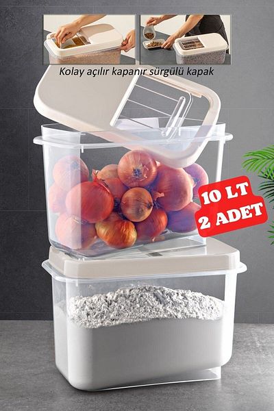 Nandy Home 2 Pieces 10 Lt Multibox with Easy Sliding Lid Food Pulses Vs. Storage Container Cream