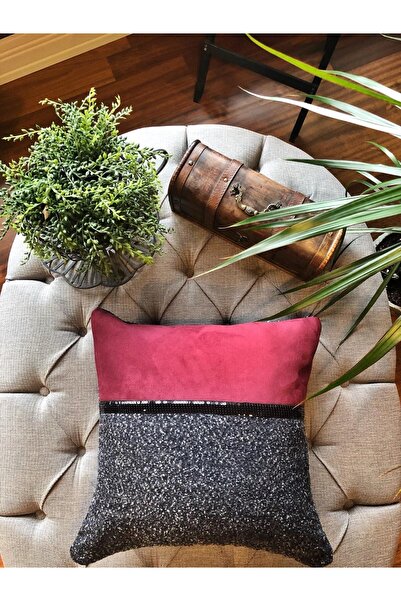 Leila Home &living Açık Bordo Süet Gri Parlak Şeritli Kırlent Kılıfı