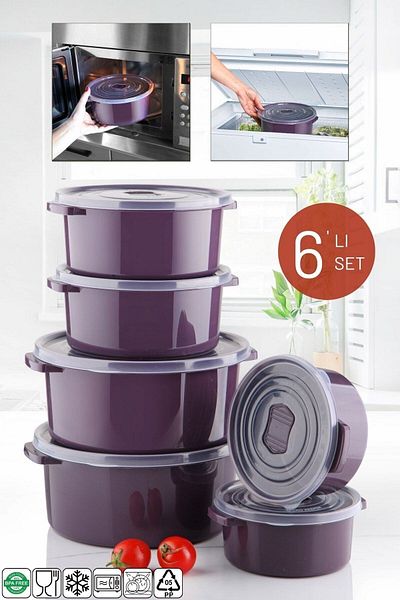 Nandy Home Set of 6 Round Storage Containers for Microwave and Freeze - Plum