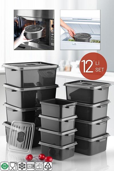 Nandy Home Storage Container Set Rectangular 12-Piece Anthracite Can Be Used in Microwave and Freezer