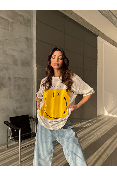 Mia Ekstra Oversize Baskılı Tişört - Ekru