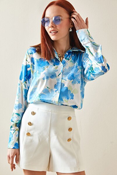 XHAN Blue Floral Patterned Satin Shirt 5YXK2-48203-12