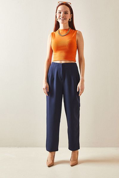 XHAN Navy Blue Clamp Stitched High Waist Pencil Pants 5YXK5-48172-14