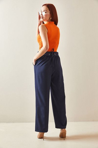 XHAN Navy Blue Back Belt Detailed Palazzo Trousers 5YXK5-48171-14