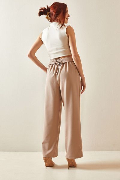 XHAN Beige Palazzo Trousers with Back Belt Detail 5YXK5-48171-25