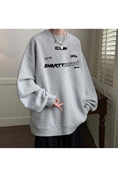 Toum OnlyMoon Smarttooth Printed Gray Unisex Oversize Crew Neck Sweatshirt