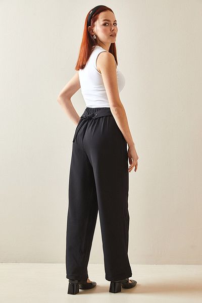 XHAN Black Back Belt Detailed Palazzo Trousers 5YXK5-48171-02