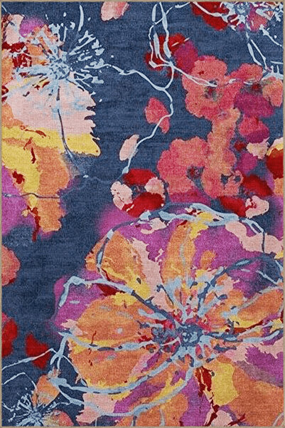 Rugs Modern Halı Тъмносиня тематична многоцветна килимница с флорални мотиви,...