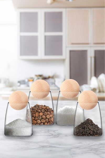 Digithome Set of 4 Glass Spice Rack and Tea Candy Jar with Wooden Ball Lid 495 Ml -420332 C320.016