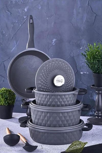 Taç Carabella 7 Piece Gray Pot Set - Cast Glass Lid Tac-3731