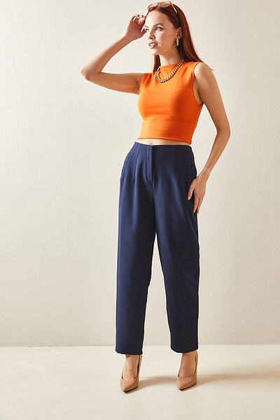 XHAN Navy Blue Clamp Stitched High Waist Pencil Pants 5YXK5-48172-14