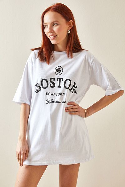XHAN White Crew Neck Printed Oversize T-Shirt 5YXK1-48209-01