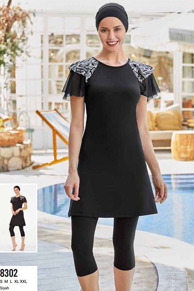 MARESİVA Women's Lycra Sleeves Tulle Detailed Semi Hijab Swimsuit Black 8302