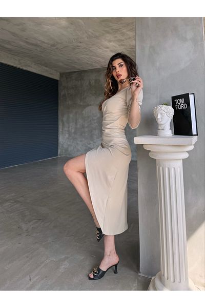 Fav Style Γυναικείο μανίκι με διπλό στήθος και μέση με λεπτομέρεια μίντι φόρεμα με σχισμή μπεζ