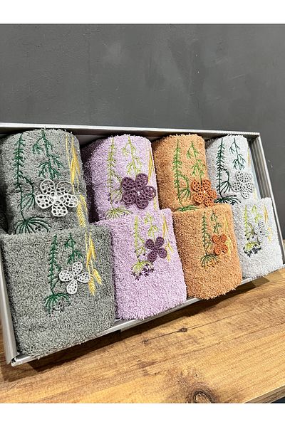 AYHANHOME Embroidery Patterned Boxed Dowry Gift Set of 8 4 Hand Face & 4 Kitchen Towels