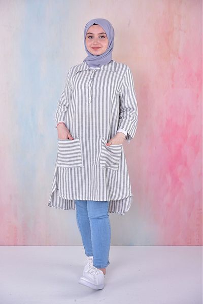 BUUFUU Comfortable Cut Striped Summer Pocket Shirt Collar Long Sleeve Long Tunic
