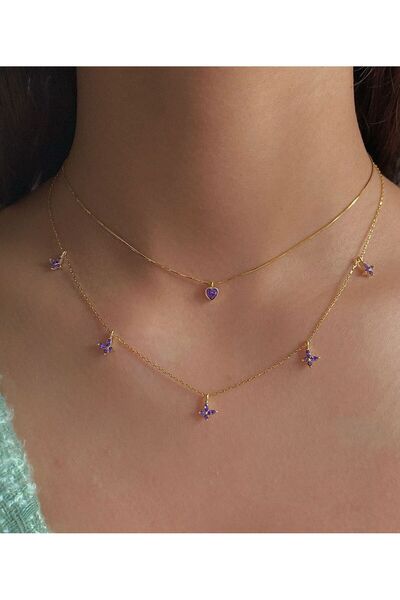 h&b design jewel 925 Ayar Gümüş Gold Mor Mini Kalp Choker