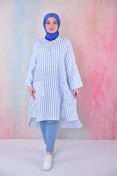 BUUFUU Tunica lungă cu mânecă lungă, guler de cămașă, cu buzunar, cu dungi de vară