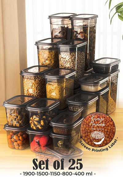 Vienev Peggy Set of 25 Rectangular Storage Containers 5X(1.9 1.5 1.15 0.8 0.4 Liter) with Screen Printing Label