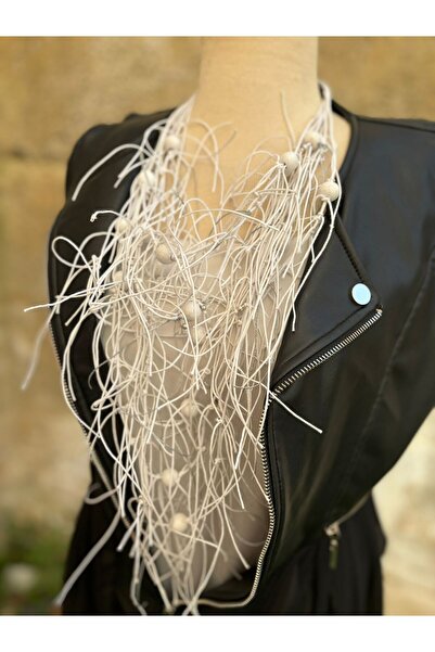 AGG TASARIM قلادة جلدية مطرزة بالخرز الأبيض