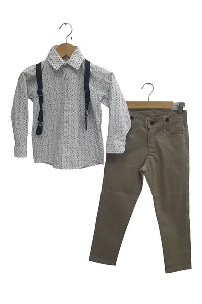 RİNDO Boy's Patterned Folded Sleeve Shirt Linen Trousers+Pants Strap Sports Suit