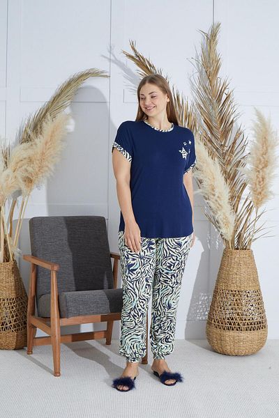 Sevim Navy Blue Short Sleeve Large Size Women's Pajamas Set - C3T4N851
