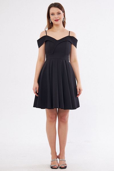 Bidoluelbise Μαύρο λαιμόκοψη με λεπτομέρεια πλισέ Mini Flared βραδινό φόρεμα