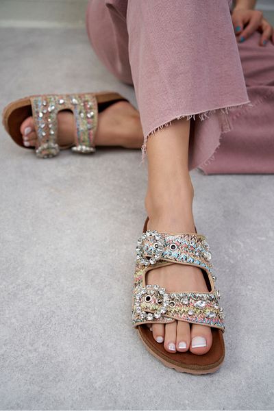 NİŞANTAŞI SHOES Carissa Colorful Straw Stone Buckle Detailed Flat Sole Women's Slippers