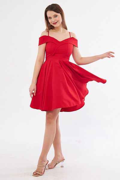 Bidoluelbise Red Strap Boat Neck Detail Pleated Mini Flared Evening Dress