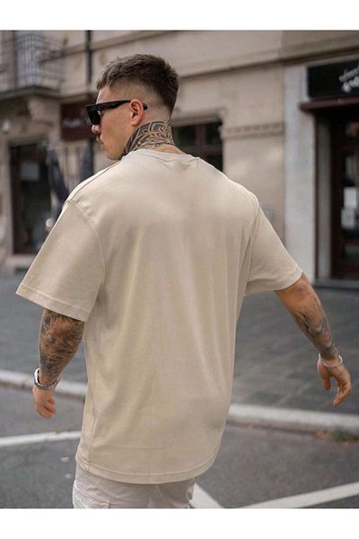 Black Sokak California 91 Printed Oversize Beige Men's T-Shirt