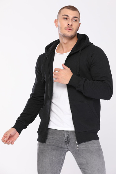 LAURELS Men's Black Hooded Zippered Sweatshirt
