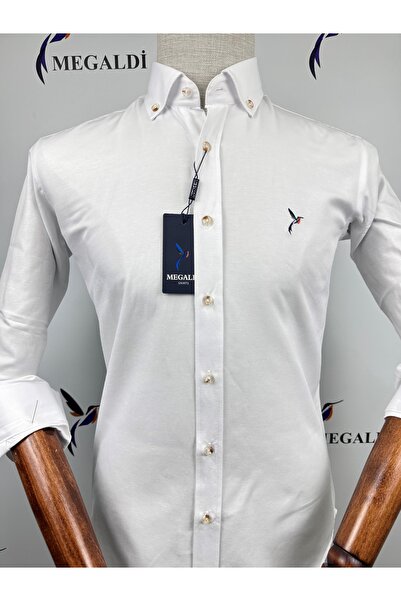 MEGALDİ Erkek Beyaz Spor Şamreli Düz Gömlek