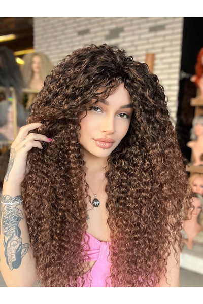 Suzan Peruk Afro Peruk Gerçek saç dokusunda Kahverengi Işıltılı Afro dalga peruk